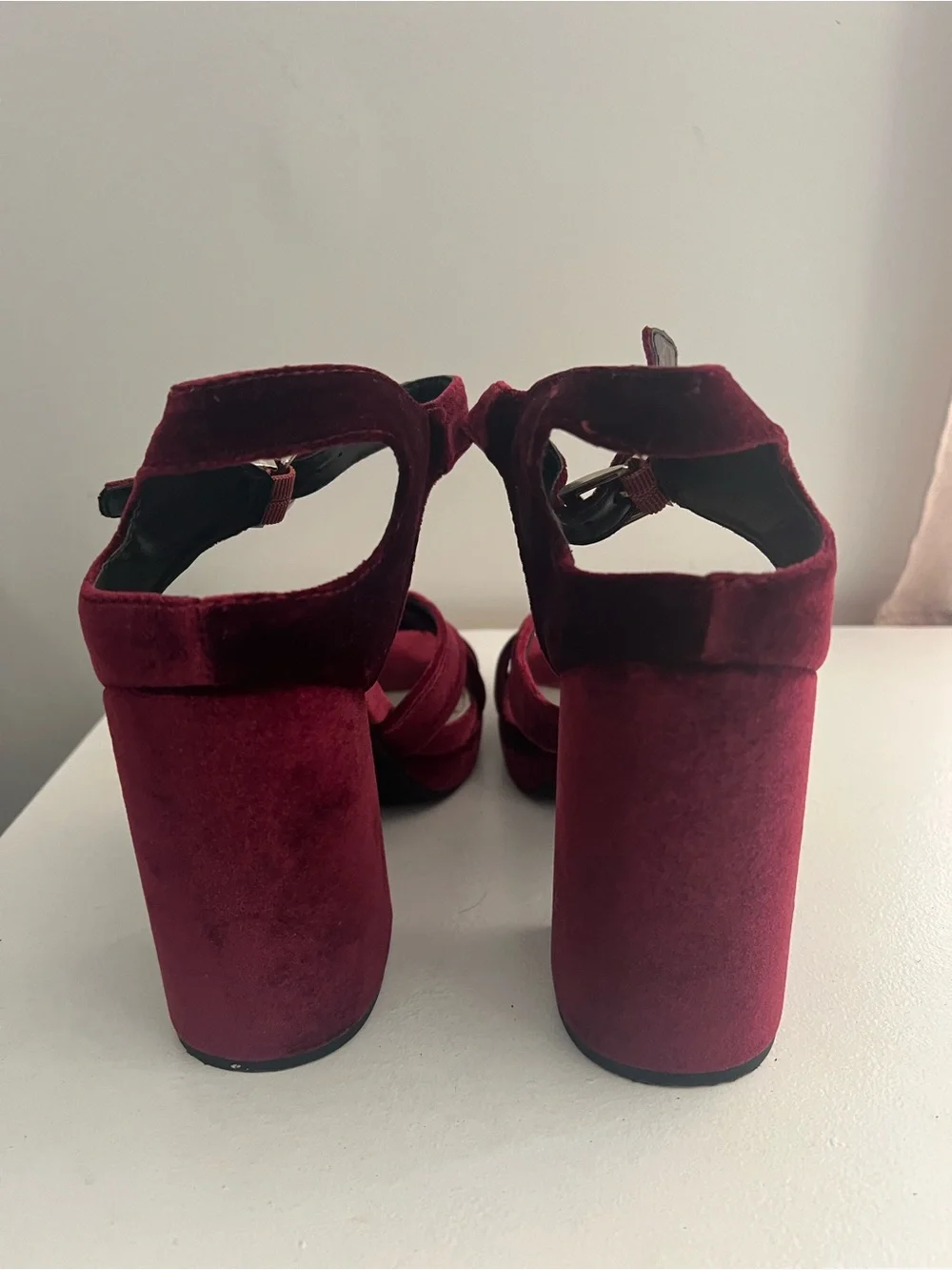 Women’s Burgundy Velvet Block Heel Sandals worn just once